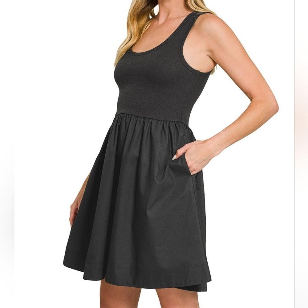 Zenana Women's Casual Knit & Woven Contrast Black Sleeveless Tank Dress